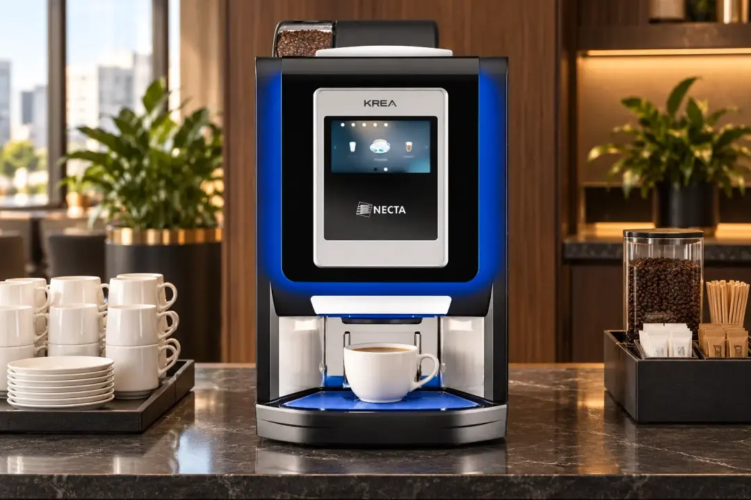 Illustrative bean-to-cup coffee machine on a counter