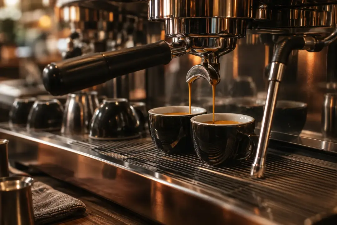 Illustration of espresso coffee being prepared in two cups