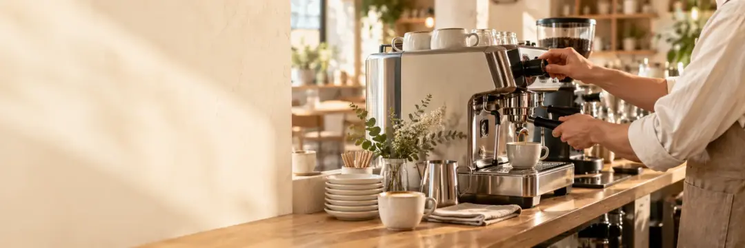 Barista using a commercial coffee machine in a warm sunlit cafe
