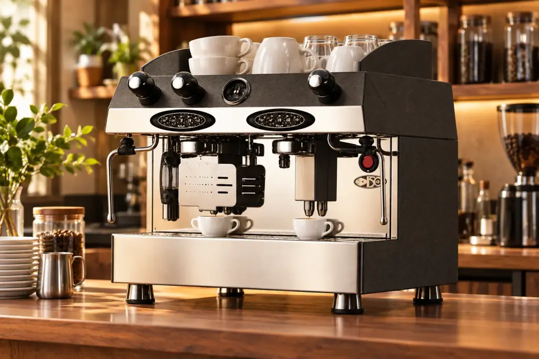 Illustrative traditional espresso machine in a caf&eacute; setting