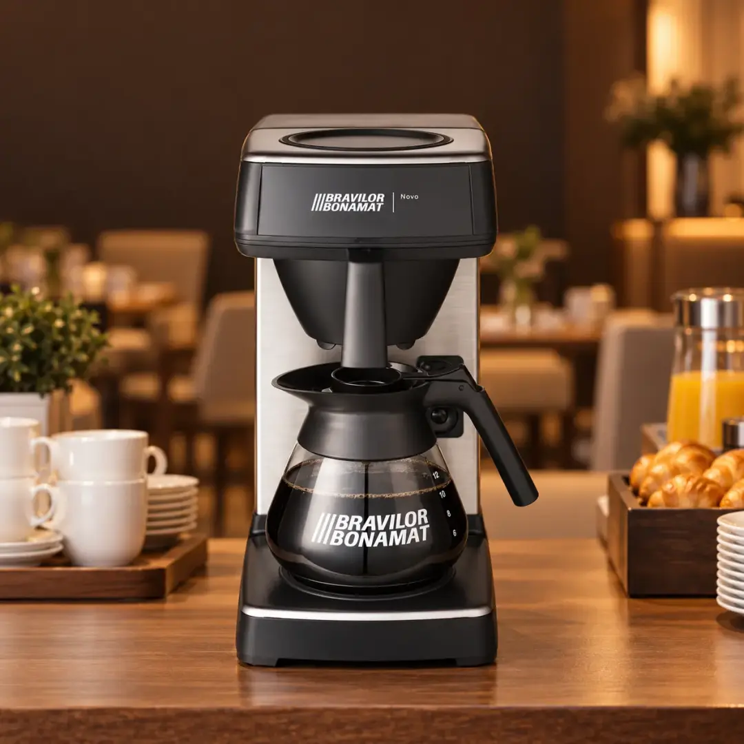 Novo coffee machine in a generated hotel breakfast setting