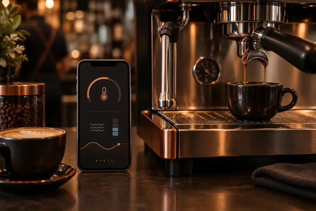 Illustration of smartphone monitoring beside a coffee machine